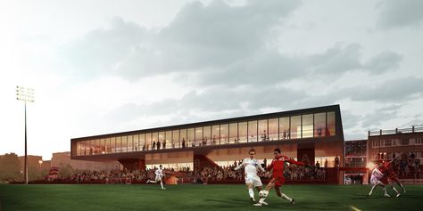 Image 4 of 4 from gallery of Sports Facility / sam architecture. © Nicholas Gagnon Sports Pavilion, Sport Architecture, Sports Architecture, Sports Facility Architecture, Sports Facility, Clubhouse Design, Photography Sports, Sports Hall, Soccer Stadium