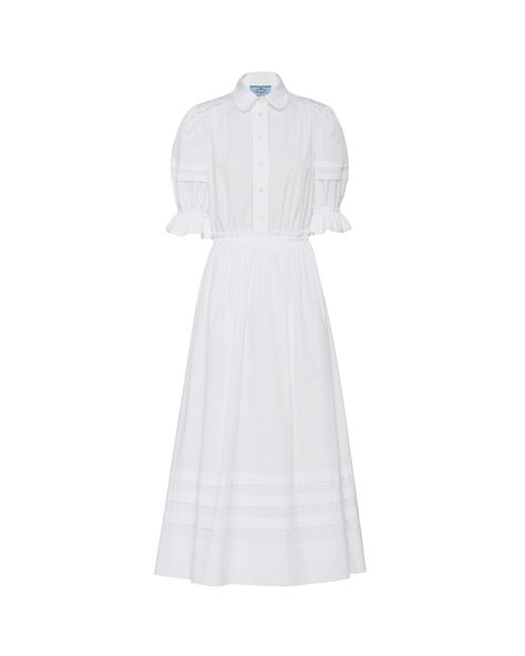 WOMEN's Dresses | PRADA Dior White Dress, Toile Dress, Prada Dress, Dress With Lace Trim, Cotton Poplin Dress, Feminine Silhouette, Poplin Dress, Puffy Sleeves, Fashion Design Clothes