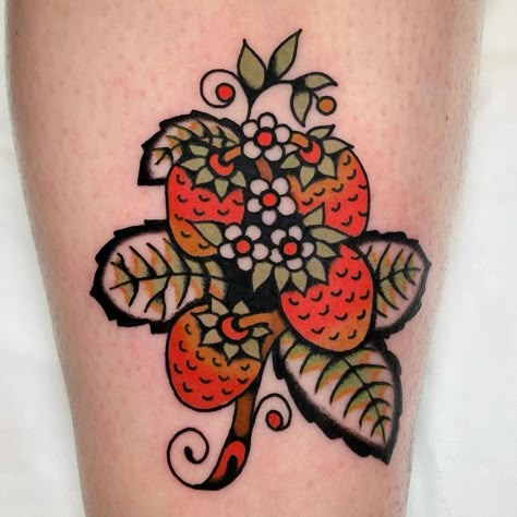 Maya Antinarella’s Instagram photo: “Strawberries from my flashbook 🍓🧡🌻 . . . #traditionaltattoo #tattoo #tattoos #traditional #ink #oldschooltattoo #inked #tattooed…” Trad Tattoo Fruit, American Traditional Pomegranate Tattoo, Strawberry Traditional Tattoo, American Traditional Strawberry, Traditional Fruit Tattoo, Traditional Strawberry Tattoo, American Traditional Floral, Strawberry Reference, Traditional Tattoos Color