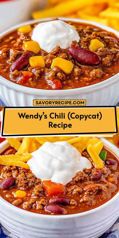 Looking for a satisfying chili recipe that rivals Wendy’s? This copycat version is not only delicious but also easy to whip up for any occasion. Be sure to save it for your next family dinner or game day feast—perfect for spice lovers and comfort food enthusiasts alike! Wendys Chili Recipe Instapot, Wendy’s Chili Six Sisters, Wendy's Salad Copycat Recipes, Easy Delicious Chili Recipes, Souper Jenny Recipes, Wendys Chili Recipe Crockpot Easy, Wendys Chili Recipe With Tomato Juice, Wendy’s Copycat Chili Crockpot, Wendy’s Chili Crock Pot