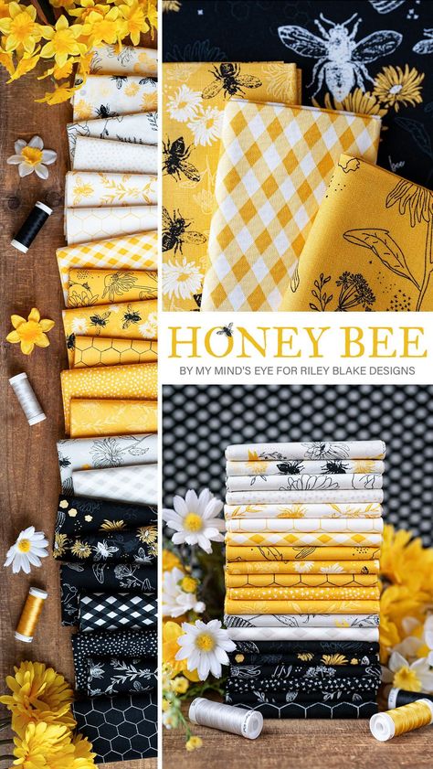 Honey Bee is an adorable bee themed fabric collection by My Mind's Eye for Riley Blake Designs available at Shabby Fabrics! Bumble Bee Quilt Pattern, Bee Fabric Quilts, Bee Quilt Ideas, Bee Fabric Projects, Bee Quilts Pattern, Bee Sewing Projects, Honey Bee Quilt Pattern, Bee Themed Quilts, Shabby Fabrics Free Pattern