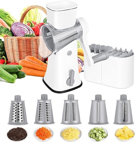 5-in-1 Rotary Cheese Grater, Upgraded Cheese Shredder with Stronger Suction Base & Multifunctional Drum Blades, Ideal for Vegetables, Nuts, Storage Box, Cleaning Brush & Peeler Attached Nuts Storage, Cheese Shredder, Cheese Vegetables, Must Have Kitchen Gadgets, Cheese Grater, Vegetable Slicer, Vegetable Peeler, Grated Cheese, Pizza Toppings