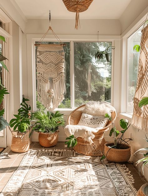 Hanging Basket Window, Boho Sitting Area, Dream Sunroom, Boho Sunroom, Sunroom Decor, Small Sunroom, Boho Style Interior, Sunroom Ideas, Pool Room