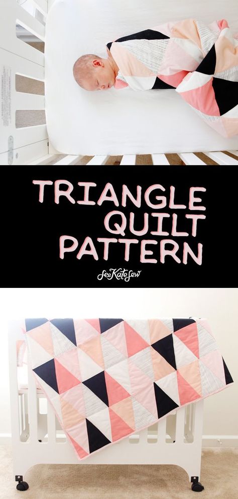 modern ombre + b/w triangle quilt tutorial + pattern | how to make a triangle quilt | handmade quilt | free quilt tutorial | baby quilt tutorial | baby quilt patterns || see kate sew #babyquilt #sewingtutorial #diyquilt#seekatesew Modern Baby Quilt Patterns, Triangle Quilt Tutorials, Girl Quilts Patterns, Free Quilt Tutorials, Baby Quilt Tutorials, Triangle Quilt Pattern, Modern Baby Quilt, Baby Quilt Pattern, Tshirt Quilt