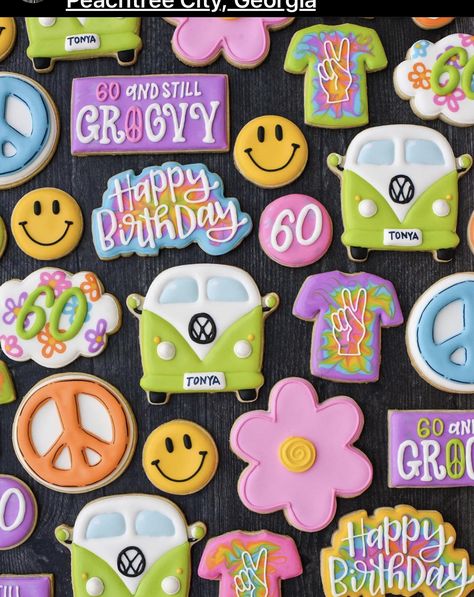 Groovy Birthday Cookies, Cookie Glaze, Groovy Birthday, 70s Party, Holiday Snacks, 50th Party, Party Rock, 60th Birthday Party, Icing Cookies