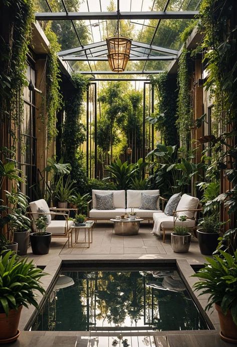 Art Deco Backyard, Small Interior Garden, Rooftop Patio Garden, Small Garden Layout Ideas, Lush Backyard, Indoor Landscape, Indoor Garden Rooms, Small Garden Layout, Backyard Resort