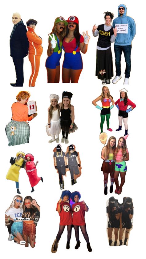 Cute Dou Halloween Outfits, Twin Hoco Week Ideas, Teen Halloween Costume Ideas Duo, Twin Duo Costumes, Super Easy Duo Costumes, Last Minute Duo Costumes Easy, 2person Halloween Costumes Teens, Hollaween Customs For 2 People, Halloween School Dance Outfits