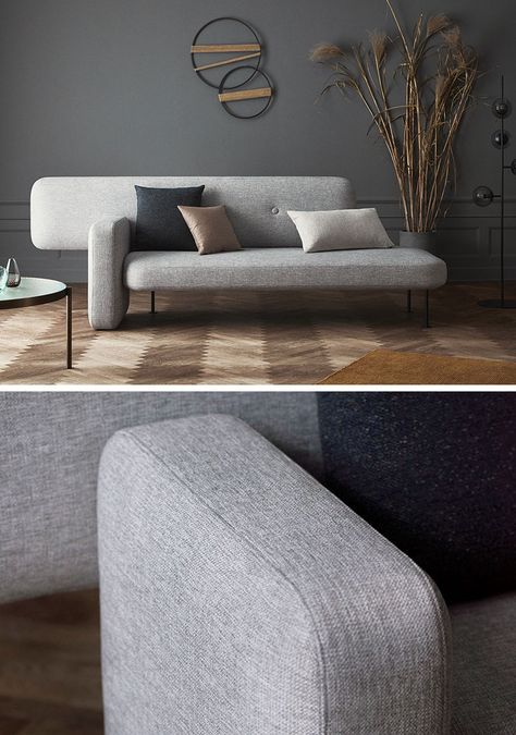 Spanish architect Santiago Bautista, has recently created Pebble, a modern couch with a built-in side table and an asymmetrical design. #ModernCouch #ModernFurniture #Seating Couch Design Modern, Pebble Sofa, Small Sectional Sofa, Contemporary Couches, Minimalist Sofa, Modern Sofa Designs, Unique Sofas, Couch Design, Sofa Set Designs