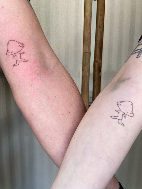 Tattoos, mushroom tatto, arm tatto, small, minimalistic, creature, matching tattoo, tiny, cute Matching Mushroom Tattoos For 3, Tiny Mushroom Tattoo Matching, Best Friend Mushroom Tattoo, Couples Mushroom Tattoo, Best Friend Tattoos Mushroom, Matching Mushroom Tattoos, Father Daughter Tattoo, Tattoo Tiny, Father Daughter Tattoos