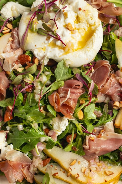 Arugula Burrata Salad with Prosciutto - Sprinkled With Balance Arugula Pear Burrata Salad, Arugula Burrata Salad Recipes, Prosciutto Salad Recipes, Pear Burrata Salad, Arugula Burrata Salad, Burrata Arugula Salad, Recipe With Burrata, Arugula Goat Cheese Salad, Honey Roasted Almonds