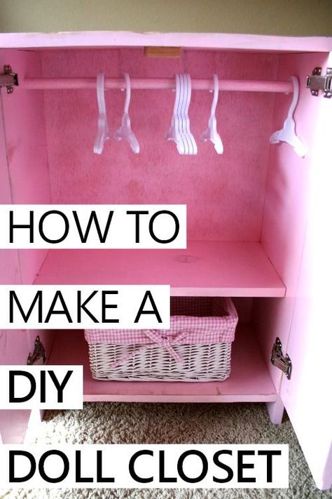 how to make a DIY doll closet to store doll clothes Storing Doll Clothes, Dolls Clothes Storage, Storage For Doll Clothes, Barbie Clothes Storage Diy, American Doll Clothes Storage, Diy Doll Storage Ideas, Organizing Doll Clothes, Barbie Closet Diy How To Make, Barbie Wardrobe Diy How To Make