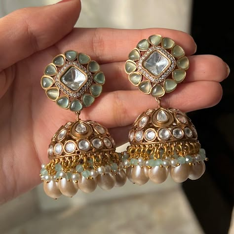 Polki Statement Jhumkas Pearl Jhumkas Gold Indian Jewelry, White Jhumka Earrings, Polki Earrings Jhumkas, Jumkas Gold, Jhumkas Aesthetic, Polki Jhumkas, Earrings For Saree, Desi Earrings, Kundan Jhumkas