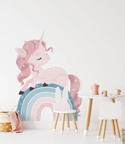 Unicorn Birthday Decor, Girls Room Unicorn, Nursery Decals Girl, Geometric Decals, Princess Room Decor, Unicorn Wall Decal, Modern Decals, Nursery Accent Wall, Rainbow Decal