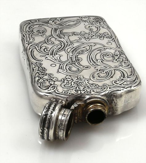 Tiffany antique sterling silver flask with acid etched decoration Whisky Flask, Alcohol Flask Aesthetic, Alcohol Flask, Hip Flask Aesthetic, Flask Aesthetic, Antique Flask, Metal Casting Jewelry, Flask Art, Silver Flask