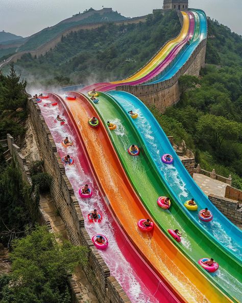 If only the Great Wall of China could turn into a water park. Art/Prompts by @ifonly.ai AI-generated images (Midjourney • Magnific AI) Crazy Water Slides, Cool Water Slides, Water Park Ideas, Housing Estate, Adventure Theme, Architect Design House, Fun Places To Go, Great Wall Of China, Park Art