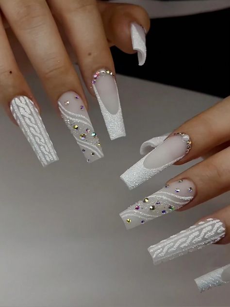 Free Returns ✓ Free Shipping✓. Instantly Elevate Your Look With 24pcs Long Coffin Shaped Press-On Nails, White French Style With Aurora Rhinestones And European Style Patterns, Comes With Jelly Gel And Nail File, Suitable For Various Parties And Daily Wear- Press On False Nails at SHEIN. Acrylic Nail Designs Coffin Long, Crystal Tip Nails, Prom White Nails, Unique Wedding Nails For Bride, Prom Nails White, Quinceanera Nails, Geometric 3d, Nails White, Purple Diamond