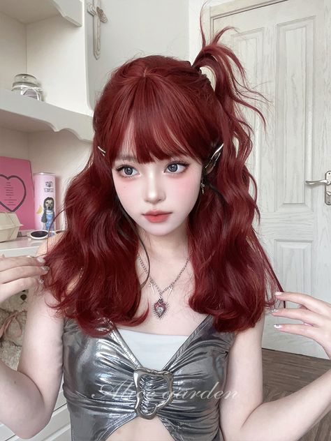 Wig Cute, Ethereal Style, Kawaii Wigs, Full Bangs, Red Mermaid, Straight Bangs, Anime Maid, Fake Hair, Wavy Wig