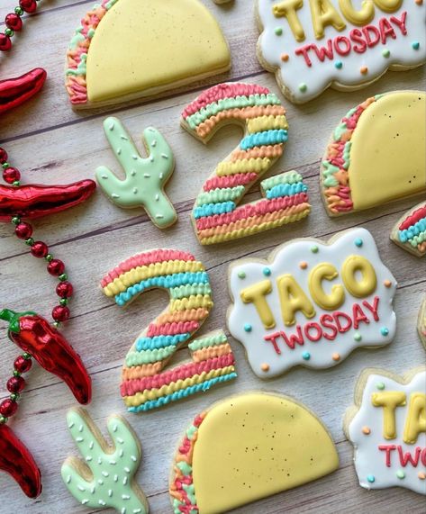 Taco Twosday Birthday Party, Taco Twosday Cookies, Taco Twosday Birthday, Twin Birthday Themes, Second Birthday Ideas, 2nd Birthday Party Themes, Twin Birthday, Cut Out Cookies, Birthday Cookies