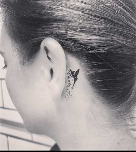 Tinkerbell Ear Tattoo, Behind Ear Tattoo Tinkerbell, Small Disney Tattoos Behind Ear, Tinker Bell Behind Ear Tattoo, Tinkerbell Behind Ear Tattoo, Tinkerbell Wrist Tattoo, Behind The Ear Tattoo Ideas Disney, Behind The Ear Disney Tattoo, Disney Behind The Ear Tattoo Ideas