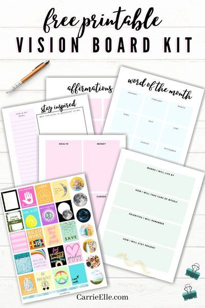 Free Printable Vision Board Kit - everything you need to make beautiful vision boards at home! #visionboard #visionboardparty #goals #visionboardprintable #printablevisionboard #plannerprintables #planners #printableplanners #freeprintables #carrieelleprintable