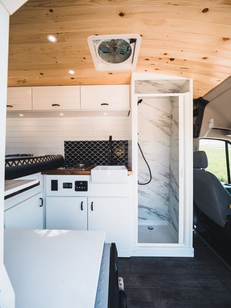 Camper Van Layout With Bathroom, Camper Vans With Bathrooms, Van Life Interior Layout With Bathroom, Camper Van With Shower And Toilet, Sprinter Vans With Bathrooms, Camper Van Shower, Custom Camper Vans, Plywood Design, Transit Camper