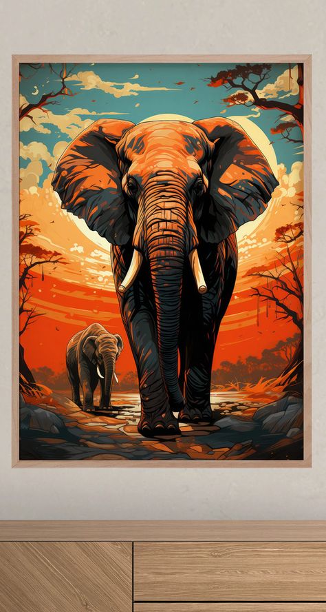 Oil Painting of an African Elephant Vibrant Safari Background - Etsy UK Elephant Art Painting, Safari Background, Safari Landscape, Elephant Paintings, Elephant Painting Canvas, Wildlife Drawing, Animals Landscape, Painting Elephant, Warrior Paint