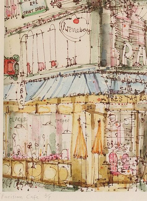 Clare Caulfield, Cafe Paris, Parisian Art, Paris Illustration, Urban Sketches, Parisian Cafe, Sketch Inspiration, Kandy, Urban Sketching