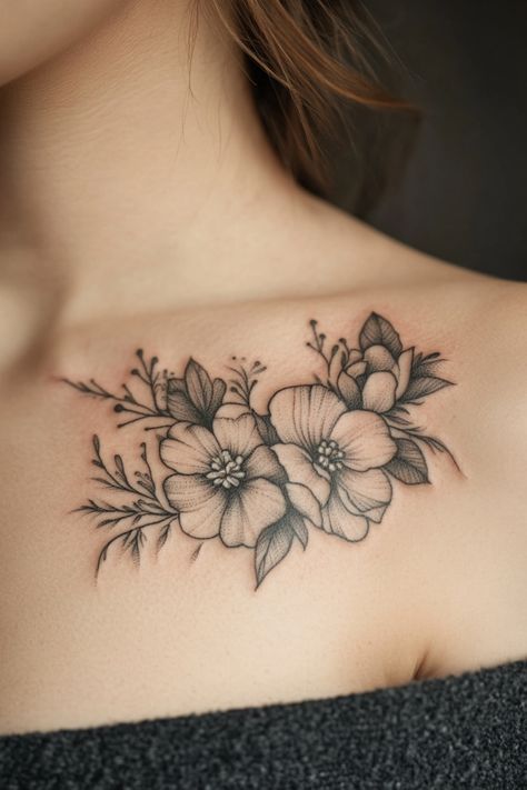 Floral tattoo across upper chest with intricate petals and leaves. Joining Tattoos, Collar Bone Tattoos For Women Unique, Below Collar Bone Tattoo, Collarbone Tattoos For Women, Floral Shoulder Tattoo, Collarbone Tattoo Ideas, Collarbone Tattoos, Minimalist Symbols, Script Tattoos