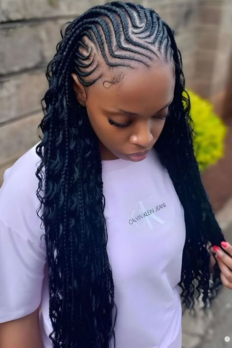 Freestyle Cornrows With Curly Weave Half Cornrows Half Curly Weave, Natural Haircuts For Black Women, Weave Ideas, Half Cornrows, Short Natural Haircuts, Curly Weave, Cornrow Braids, Curly Weave Hairstyles, Cornrow