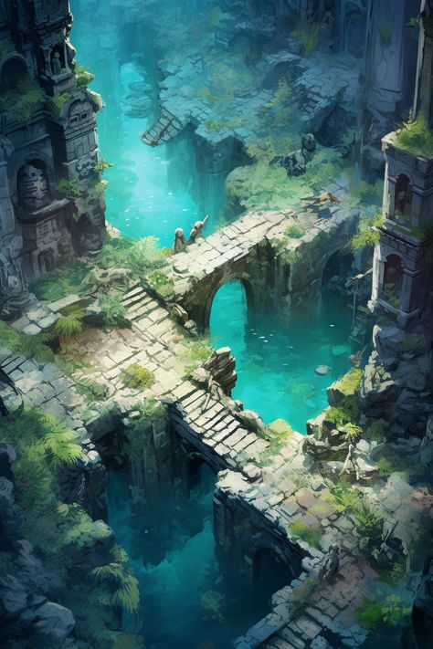 Ruins Battlemap Dnd, Underwater Ruins Fantasy Art, Underwater Environment Concept Art, Temple Ruins Concept Art, Dnd City Art, Sunken Temple, Sunken Ruins, Villain Reference, Subterranean City