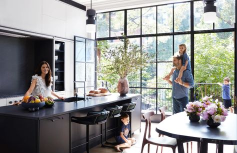 Inside This Young Family's Cozy West Village Townhouse | Architectural Digest Kitchen Opening, West Village Townhouse, Townhouse Interior, Doors Kitchen, Bronze Pendant Light, Classical Interior, Degree Design, Sleek Kitchen, Young Family