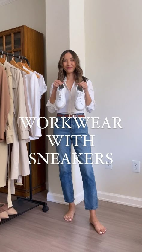 Shop The ReLeather Tennis Shoe and other curated products on LTK, the easiest way to shop everything from your favorite creators. Workwear With Sneakers, Styling Sneakers, Casual Friday Work Outfits, Jeans And Sneakers Outfit, Sneakers Outfit Work, Smart Casual Work Outfit Women, Business Casual Jeans, Work Outfit Women, Casual Friday Outfit