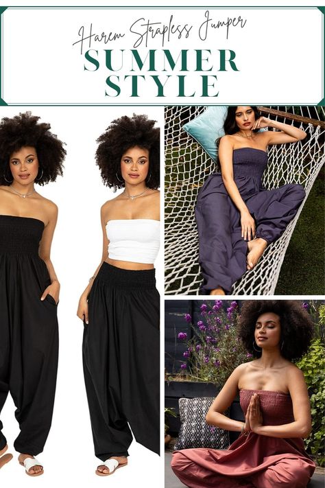 SPEND LESS TIME CHOOSING DIFFERENT OUTFITS with a 2 in 1 convertible harem jumpsuit for women that can be worn in 2 ways - as harlem pants or as a strapless harem cotton jumpsuit. Comfortable and versatile, with exaggerated harem drop crotch worn as pants and a bandeau neckline worn as a maxi cotton jumpsuit likemary Harem Jumpsuits for Women & Cotton Harem Pants - Maxi Womens Romper - Strapless Jumpsuit #fashion #summer #trending #yoga #comfortable #boho #shopping #ad Harlem Pants, Womens Romper, Black Strapless Jumpsuit, Cotton Harem Pants, Harem Jumpsuits, Jumpsuit For Women, Harem Pants Women, Cotton Jumper, Cotton Jumpsuit