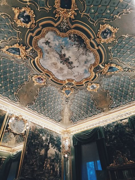 Blue Rococo Aesthetic, Turkey Palace, Furina Aesthetic, Painting On Ceiling, Period Bedroom, Anime Castle, Tiny Mansion, Rococo Aesthetic, Castle Rooms