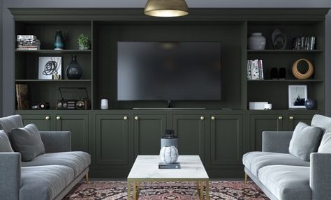 Traditional Complementary Furniture Living Room Media Wall Dark, Dark Built In Media Wall, Dark Green Built Ins Living Room, Dark Tv Unit Wall, Library With Tv Unit, Built In Tv Wall Unit Traditional, Living Room Media Storage, Tv Den, Built In Tv Wall Unit