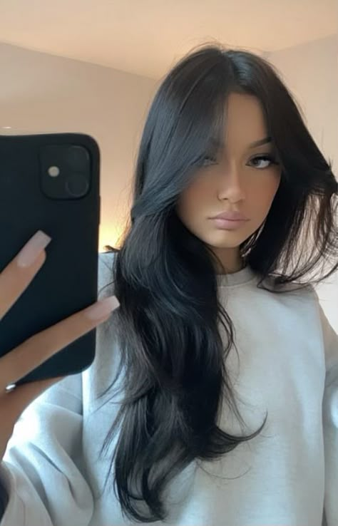 Long Black Hair Front View, Jet Black Hair Layers, Black Haircut Women, Long Layered Hair Black, Dark Hair Baddie, Jet Black Hair With Layers, Black Hair Inspo Long, Long Layers Dark Hair, Long Layered Black Hair