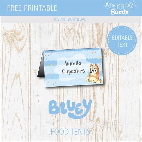 Free Printable Bluey Food Tents | Birthday Buzzin Bluey Themed Food Ideas Printable, Bluey Birthday Food Cards, Bluey Sticky Gecko Label, Free Printable Bluey Decorations, Bluey Birthday Food Tents, Blue Food Labels, Bluey Birthday Thank You Tags, Bluey Party Food Labels Printable, Bluey Birthday Party Printables