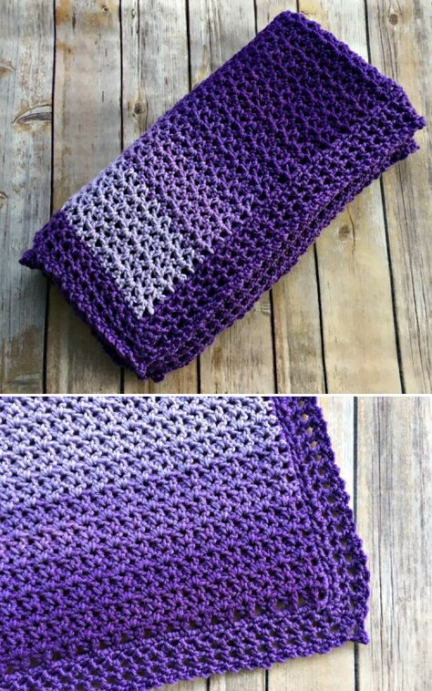 Easy Ombre Baby Blanket - Free Crochet Pattern Ombre Afghan Crochet Pattern, Purple Crochet Blanket Pattern, Purple Afghans To Crochet, Crochet Afghans Easy, Crochet Blanket Purple, Purple Ombre Crochet Blanket, Purple Quilt, Purple Baby Blanket, Crafts Crochet