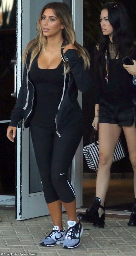 Bronzed: Stepping out of her South Beach hotel, the mother-of-one was glowing thanks to a newly acquired tan Kim Kardashian Sneakers, Kim Kardashian Gym, Kardashian Gym, Kim Kardashian 2013, Kim Kardashian Latest, Kardashian Lifestyle, Kim Kardashian Fashion, Kim Kanye, Workout Looks