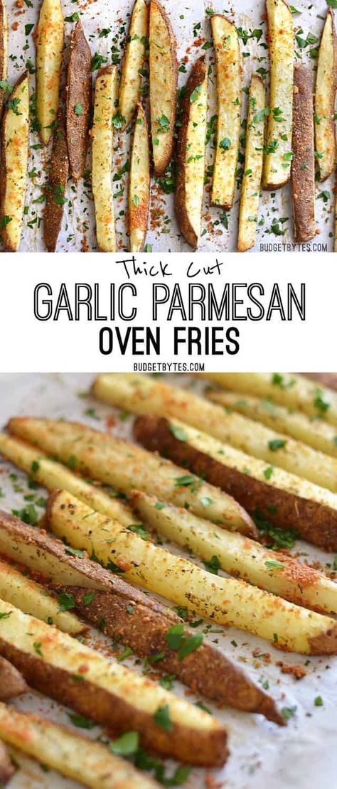 Thick Cut Garlic Parmesan Oven Fries - Budget Bytes Fries Oven, Garlic Parmesan Fries, Parmesan Fries, Oven Fries, Spicy Chicken Sandwiches, Budget Bytes, Soy Free Recipes, Egg Free Recipes, Baked Garlic