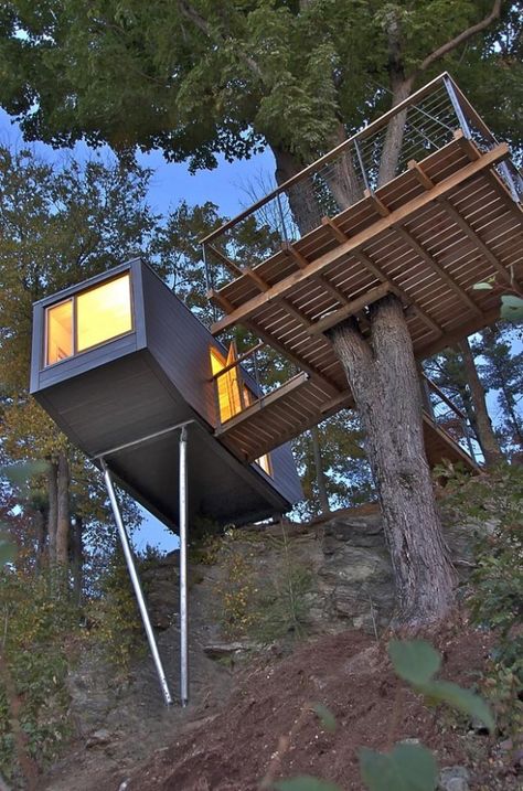 Image 6 of 14 from gallery of Cliff Treehouse / Baumraum. © Baumraum Modern Tree House, Treehouse Masters, Cool Tree Houses, Tree House Designs, Cliff House, Container Architecture, Shipping Container Homes, A Hill, House Built