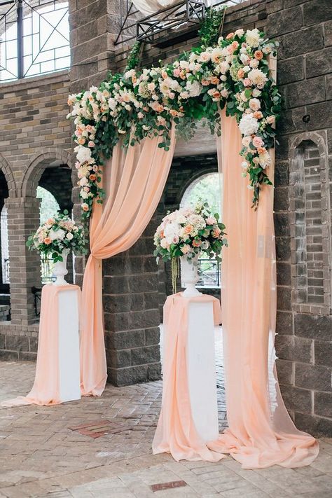 30 Coral Wedding Decor Ideas We Are Obsessed With — PACIFIC ENGAGEMENTS Coral Wedding Decorations, Coral Wedding Colors, Wedding Drapery, Unique Bridal Bouquets, Romantic Wedding Ceremony, Rustic Wedding Decorations, Wedding Design Decoration, Wedding Ceremony Backdrop, Wedding Entrance