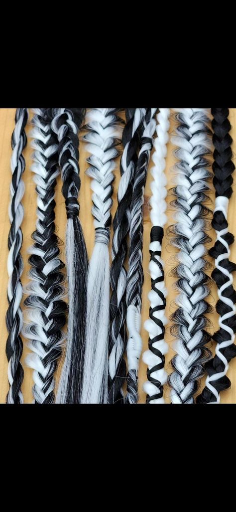 Accent set of 4 high quality Synthetic Braid Extensions - Black, grey, & white - *SIMILAR* to what's pictured 17-20 inches Luxuriously crafted synthetic braid extensions. Each set of extensions is hand-blended, ensuring a completely unique color mix. Made from high-quality, lightweight synthetic fibers, these extensions offer a natural look and feel  Perfect for protective styles, these soft yet durable braids are designed for all-day comfort and can be styled in various ways, from bold braids to intricate updos. The custom color blends add a touch of individuality to your look, while their low-maintenance design ensures long-lasting wear with minimal upkeep. Whether you're aiming for a natural vibe or a striking fashion statement, these braid extensions are your go-to for versatile, head- Grey Braiding Hair, Black And Silver Braids, Haircut On Curly Hair, 5 Braids, White Braids, Jellyfish Haircut, 5 Braid, Rave Braids, White Dreads