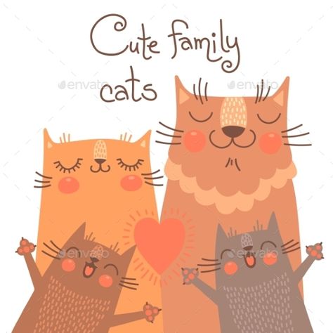 Christmas Gift Drawing, Cats Vector, Drawing Tut, Cats Family, Fairy Illustration, Gift Drawing, Cat Vector, Cute Card, Family Illustration