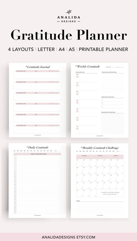 Take a few minutes of your day and write down one or more things you are grateful for. This 4 minimalist planners will help you create a habit of gratitude. Writing down what you're grateful for can help create a more positive mindset. #gratitudeplanner #affirmations #gratitudelog #gratitudejournal #gratitudeprintable #selfcaretracker #gratitudepractice #dailygratitude Gratitude Writing, Financial Printables, Self Care Tracker, Weekly Gratitude, Planner Monthly Layout, Gratitude Planner, Gratitude Tracker, Bullet Journal Contents, Gratitude Journal Printable