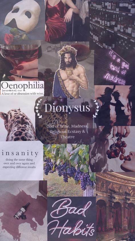 #dionysus #pjo #percyjackson #greekgod #greek #greekmythology Dionysus Moodboard, Dionysus Deity, Dionysus Aesthetic Wallpaper, Dionysus Pjo, Dionysus Altar, Dionysus Fanart, Dionysus Percy Jackson, Dionysus And Ariadne, Dionysus Cabin