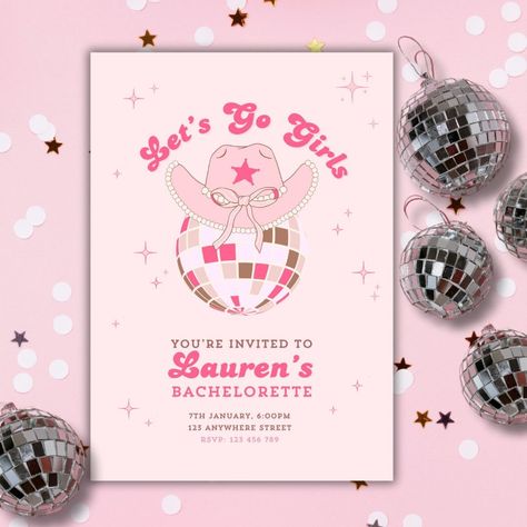 Disco Cowgirl Invitation, Space Disco Cowgirl, Disco Ball Cowboy Hat, Space Disco, Cowgirl Invitations, Lets Go Girls, Pink Space, Girls Party Invitations, Disco Theme