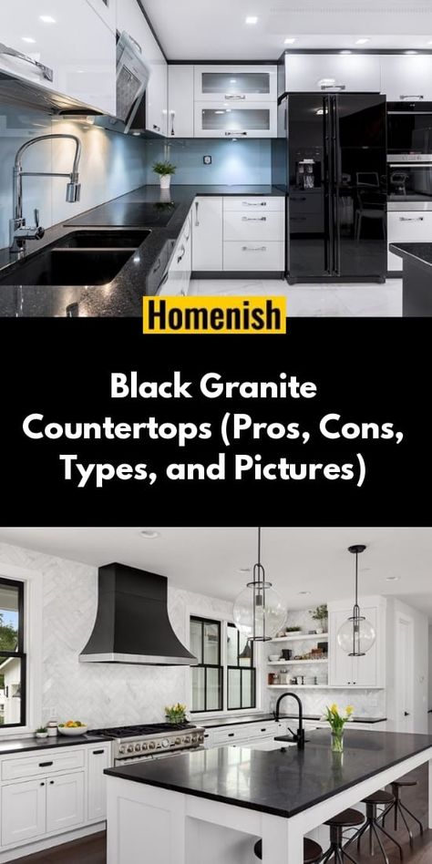 White Kitchen Black Granite Countertops, Black Countertops Black Sink, What Backsplash Goes With Black Countertop, Light Kitchen With Black Countertops, Modern Kitchen Design Black Countertops, Best Black Countertops, Black Granite With Backsplash, Black Countertop Kitchens Modern, Black Vs White Countertops