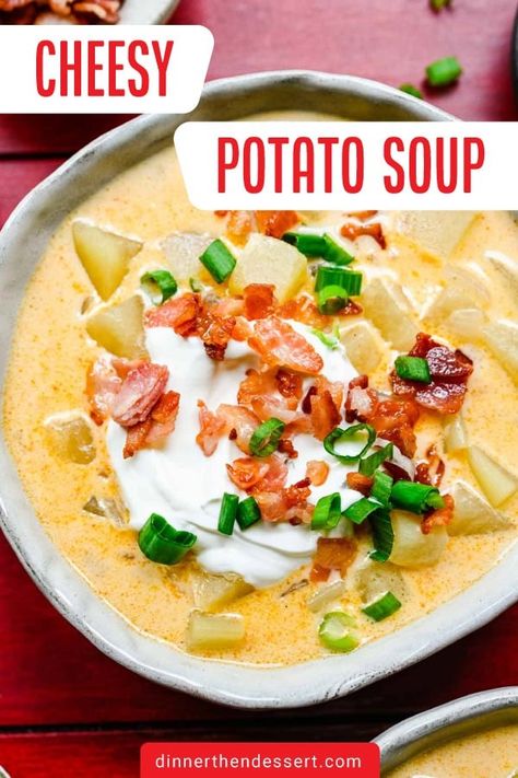 This easy Cheesy Potato Soup is a comfort food favorite with tender potatoes in a cheesy creamy broth full of rich flavor! Try it tonight! Cheesy Potato Soup With Velveeta, O Charleys Potato Soup, Potato Soup With Velveeta Cheese, Potatoe Cheese Soup, Cheesy Potato Soup Crock Pot, Crockpot Cheesy Potato Soup, Easy Cheesy Potato Soup, Cheesy Red Potatoes, Cheesy Ham And Potato Soup