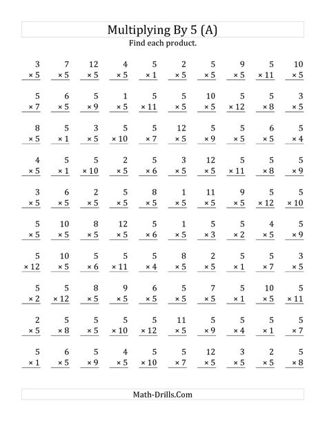 The Multiplying 1 to 12 by 5 (A) math worksheet from the Multiplication Worksheet page at Math-Drills.com. Multiplication Test, Multiplication Drills, Multiplication Timed Test, Free Multiplication Worksheets, Times Tables Worksheets, Printable Multiplication Worksheets, Multiplication Facts Worksheets, Math Multiplication Worksheets, Multiplication Worksheet